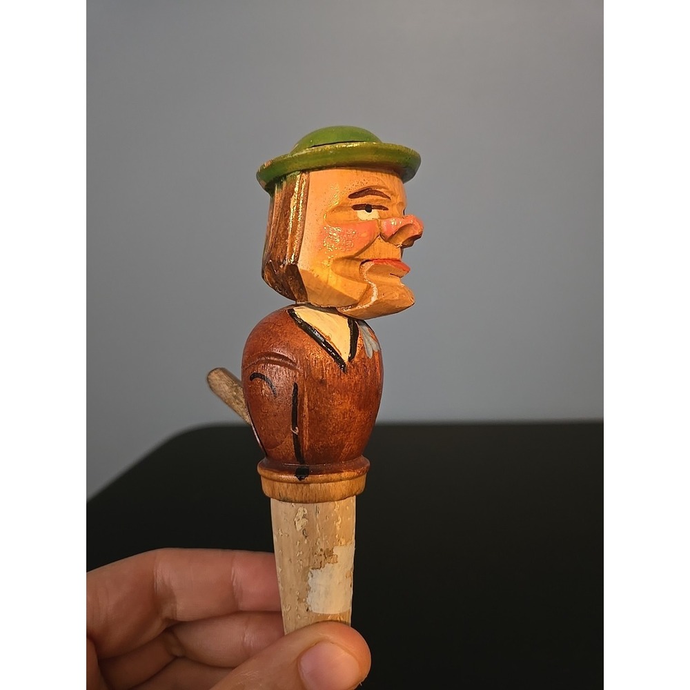 Antique Swiss German Black Forest Carved Wood Liquor Bottle Cork Paint Decorated